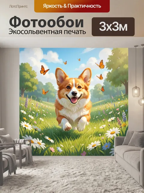 Фотообои Веселый щенок в цветущем лугу