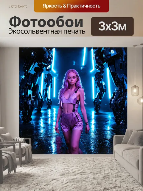 Фотообои в неоновом городе, ночью, лили-роуз мелоди депп изображена в футуристическом наряде с светящимися…