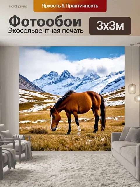 Фотообои конь, мирно пасущийся на фоне гор, покрытых снегом