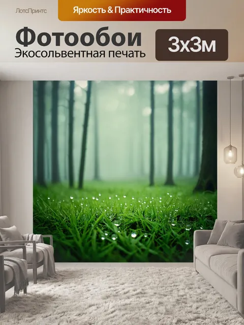 Фотообои лес с утренним туманом и видимыми каплями росы на траве