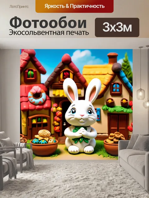 Фотообои в волшебной деревне, домики которой построены из сладостей, белый кролик предлагает угощения всем…