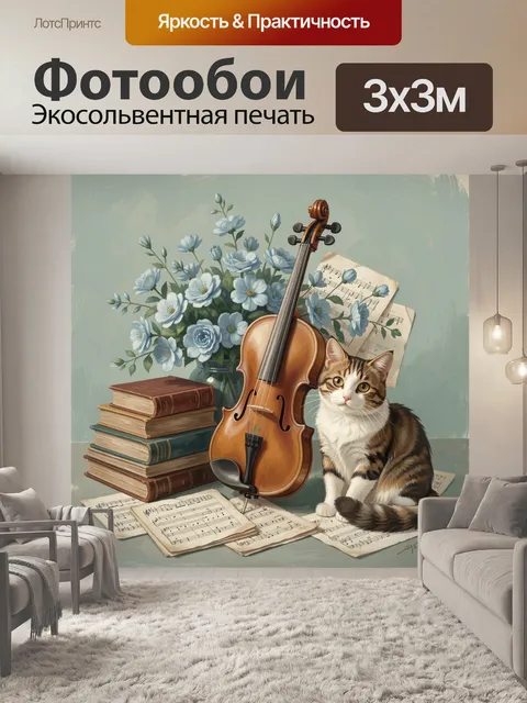 Фотообои Скрипка, кот и голубые цветы