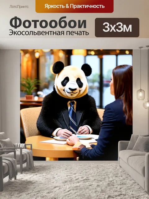 Фотообои панда в деловом костюме, обсуждающая проекты с клиентами в кафе
