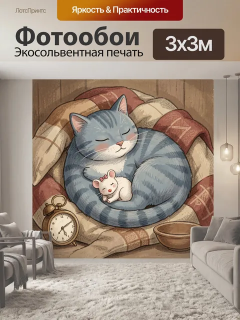 Фотообои Спящая кошка и мышонок