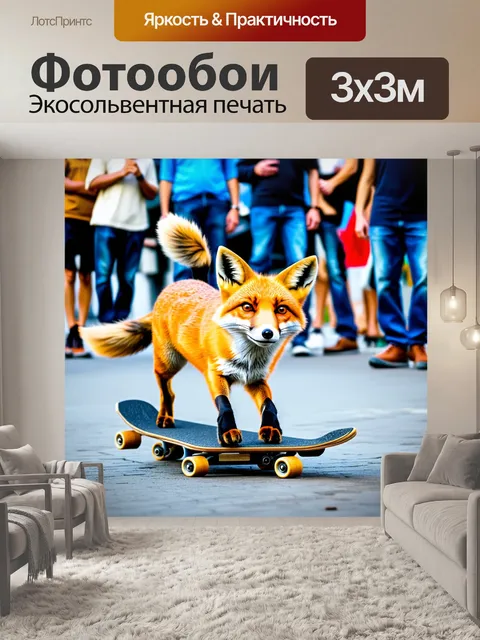 Фотообои лиса, занимающаяся скейтбордингом на улице, с увлеченными зрителями вокруг