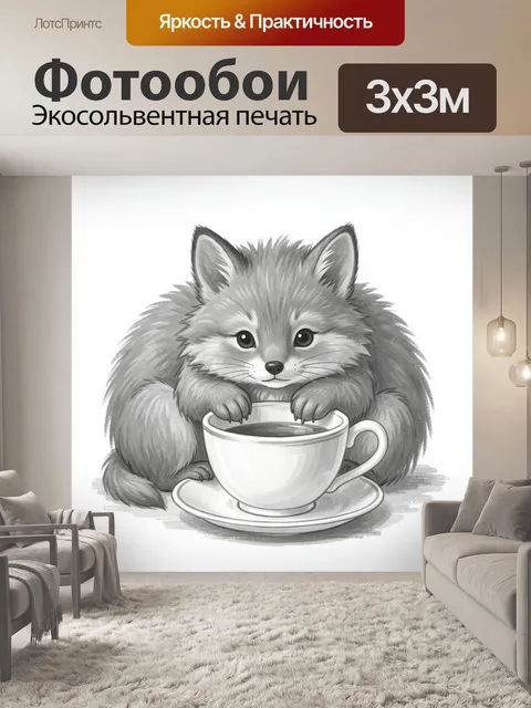 Фотообои Лисёнок с чашкой чая