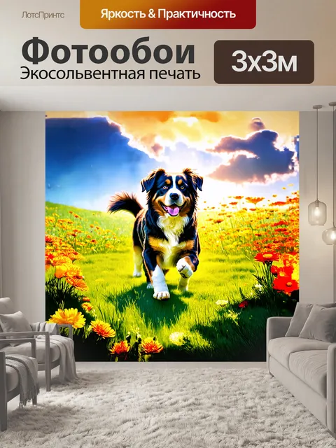 Фотообои бернский зенненхунд, играющий на зеленом лугу, окруженном яркими цветами