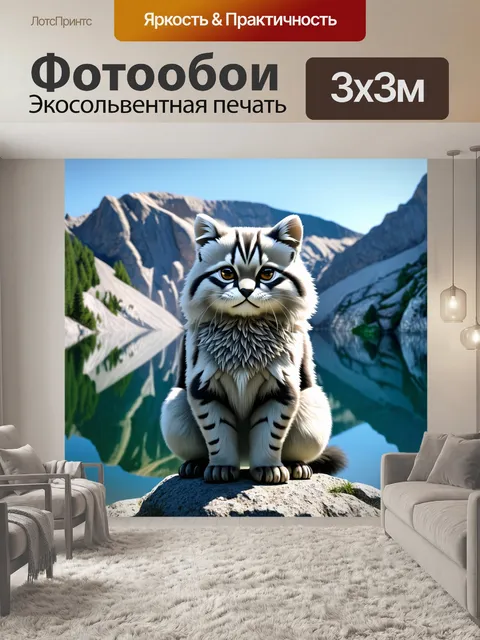 Фотообои манул, величественно расположившийся на скале у горного озера, отражающего ясное летнее небо