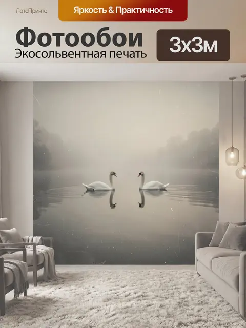 Фотообои Два лебедя на туманном озере