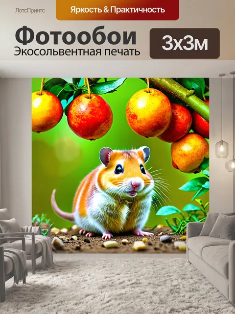 Фотообои хомяк, исследующий фруктовый сад, где висят яркие и сочные плоды