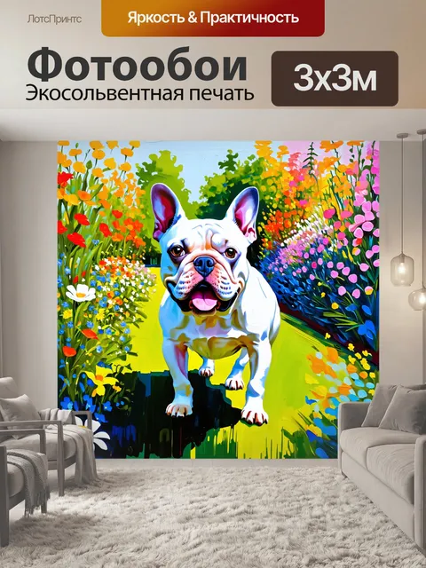Фотообои изображение французского бульдога, который пробирается через цветущий сад