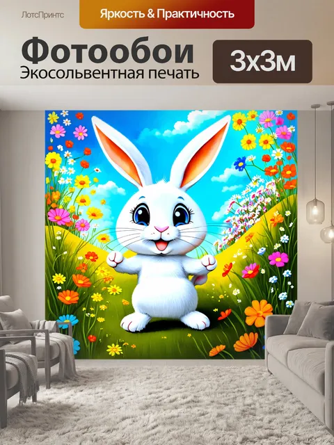 Фотообои яркая весеняя сцена, наполненная цветами, где веселый кролик весело прыгает среди цветов