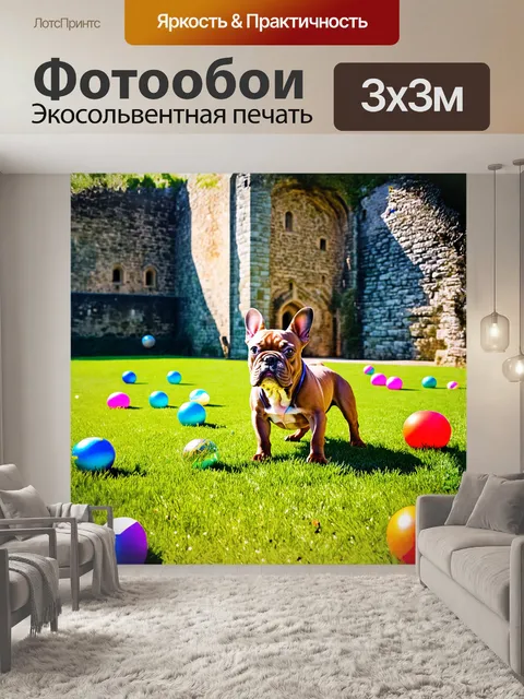 Фотообои французский бульдог, играющий на зеленом лужайке, окружённый множеством разноцветных шарами, которые…