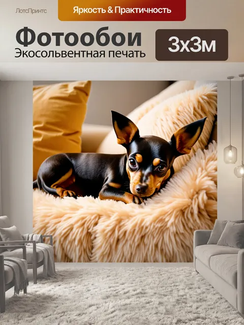Фотообои сцена, где той-терьер мирно спит на плюшевом диване, окружённый мягкими подушками