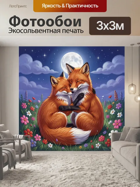 Фотообои Лисы в луговых цветах ночью