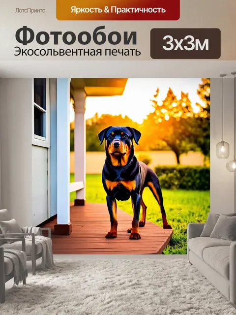 Фотообои ротвейлер, охраняющий дом, стоя на крыльце, с ярким восходом солнца