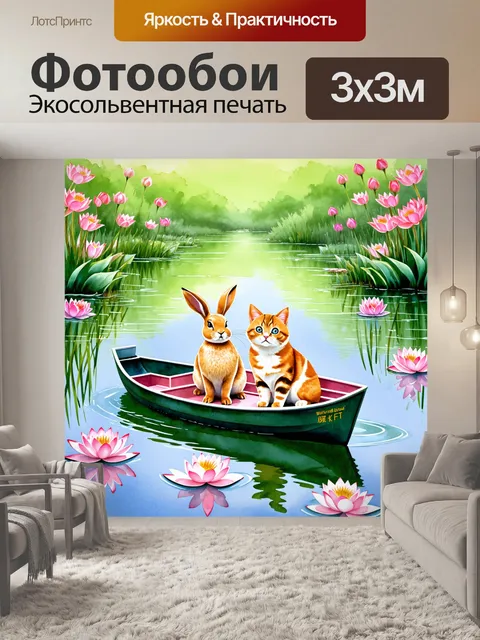 Фотообои кот и заяц на романтической прогулке по лодке в спокойном пруду, окружённом цветущими лотосами
