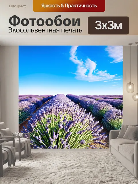 Фотообои панорамный вид на лавандовое поле, залитое ярким солнечным светом с нежным голубым небом и облаками