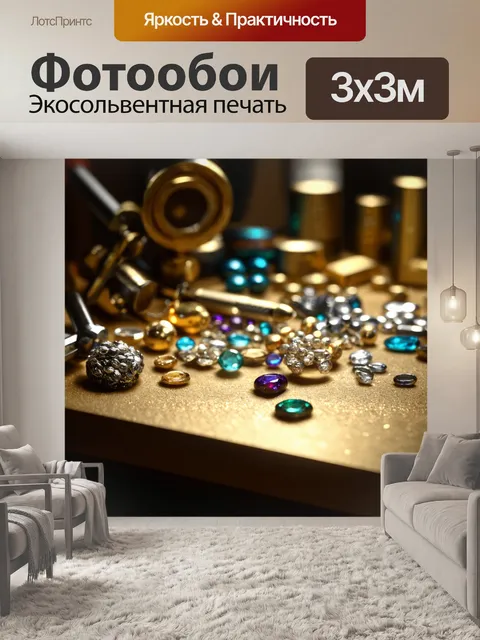 Фотообои изобразите мастерскую ювелира, заполненную драгоценными камнями и инструментами