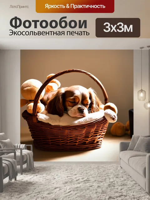 Фотообои кавалер-король чарльз спаниель, мирно спящий в уютной корзине, окруженный мягкими игрушками