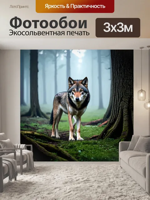 Фотообои волчица в тумане, окруженная древними деревьями