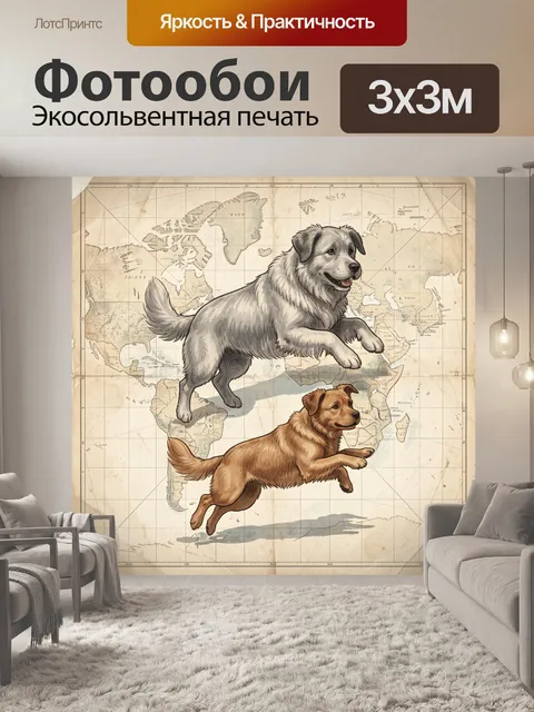 Фотообои Две собаки на карте мира