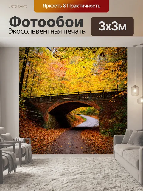 Фотообои природа в стиле гранж, с изображением неполноценного моста и падающих листвы в осеннем лесу