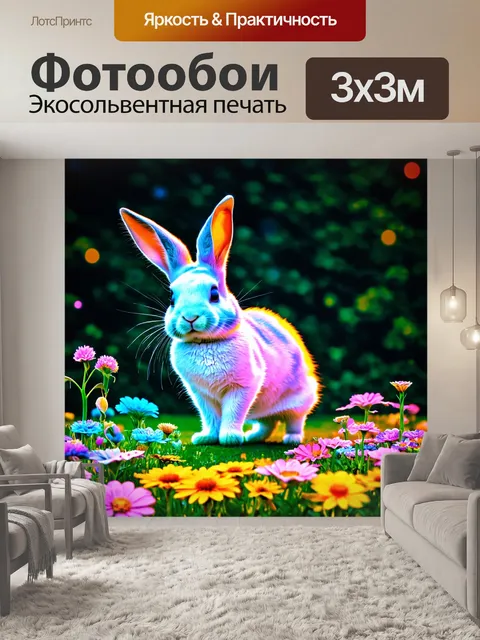 Фотообои животные в стиле капельное искусство, забавный кролик, прыгающий через цветы, капли пастельных оттенков