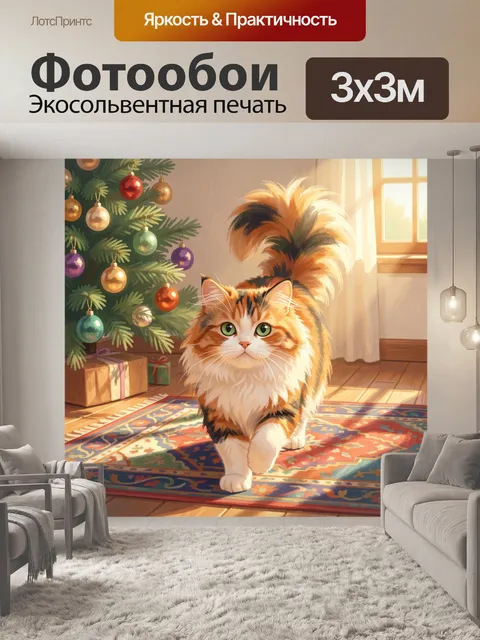 Фотообои Пушистый кот у елки