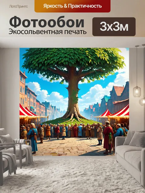 Фотообои город в стиле фэнтези с лавровым деревом в центре, под которым собрались разные народы для праздника