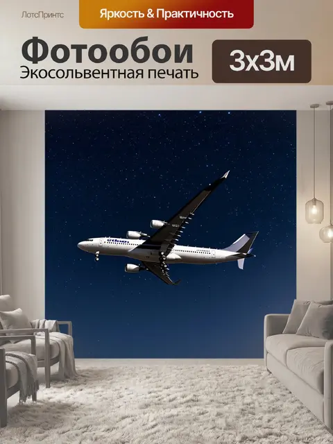 Фотообои самолет в ночном небе, усыпанном звездами, с мягким светом луны, отражающимся от его поверхности