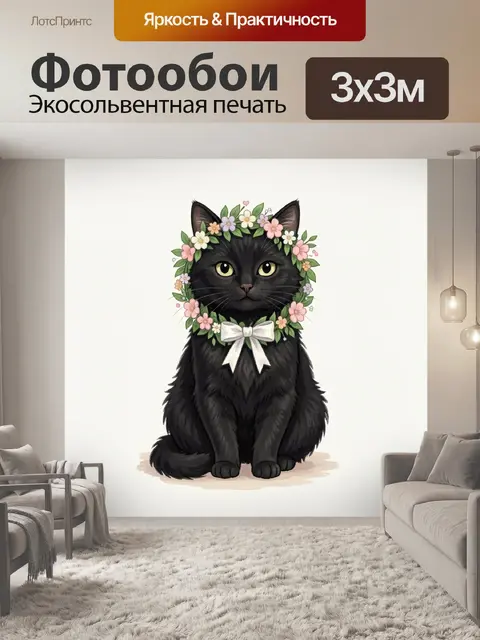 Фотообои Черный кот в цветочном венке