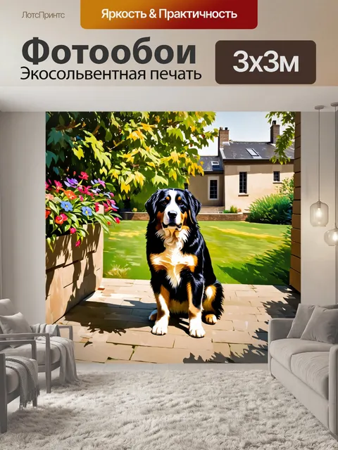 Фотообои бернский зенненхунд, наслаждающийся теплыми солнечными лучами на террасе загородного дома, с окружением…