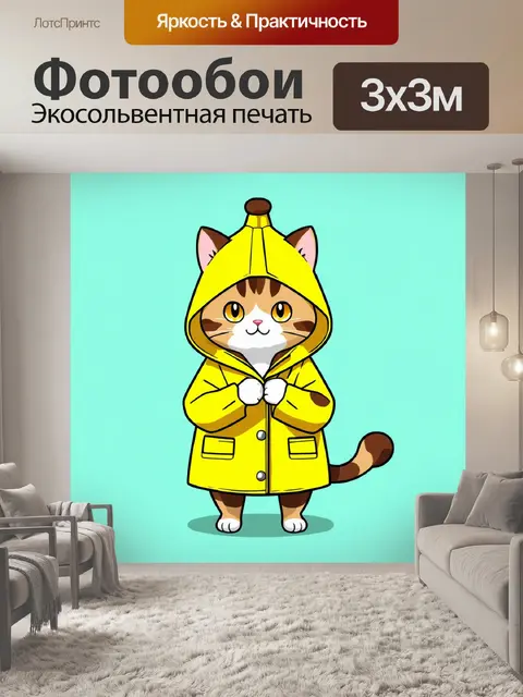 Фотообои Милое анимированное изображение кота в жёлтом дождевике с капюшоном