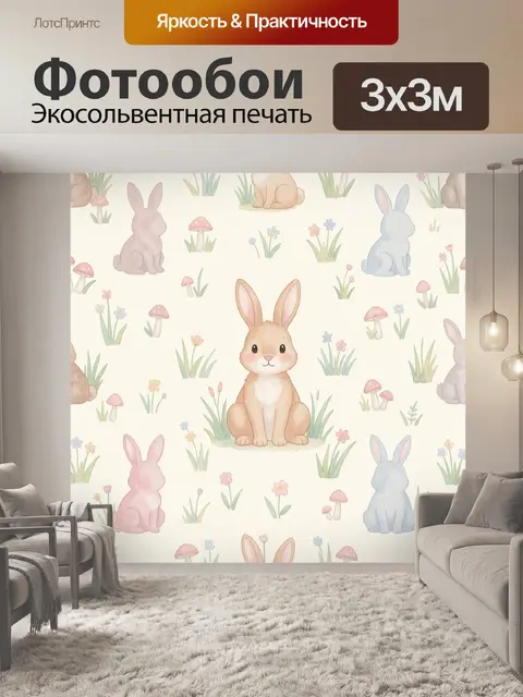 Фотообои Кролики в поле с грибами