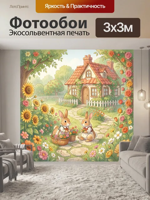 Фотообои Зайцы в цветочном саду