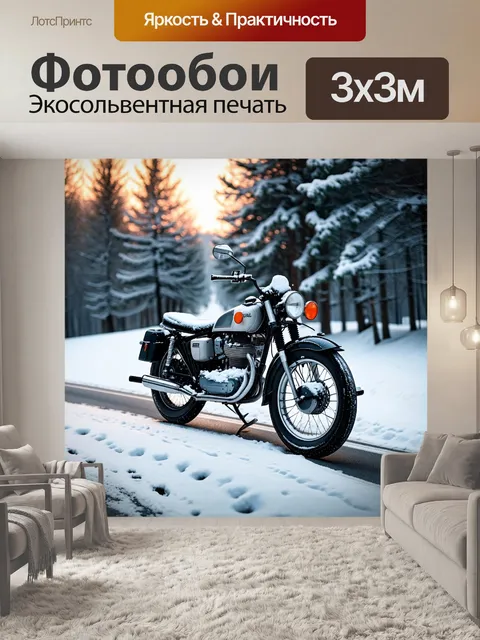 Фотообои мотоцикл «урал» на заснеженном шоссе с деревьями, завуалированными снегом