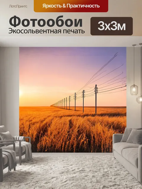 Фотообои линии электропередач тянутся вдоль необъятного золотистого поля, освещенного мягким светом заходящего солнца