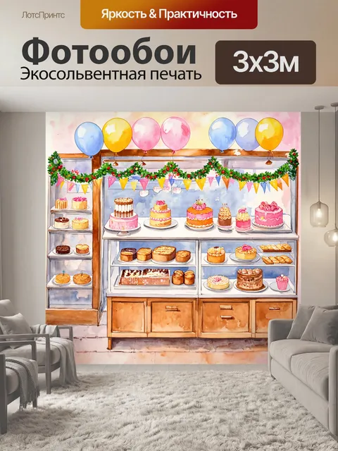 Фотообои винтаж с изображением старинной кондитерской, заполненной выпечкой и угощениями
