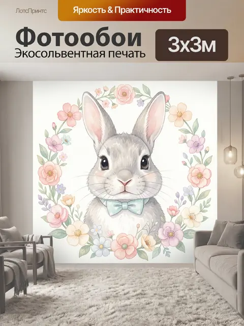 Фотообои Серый кролик в цветочном венке