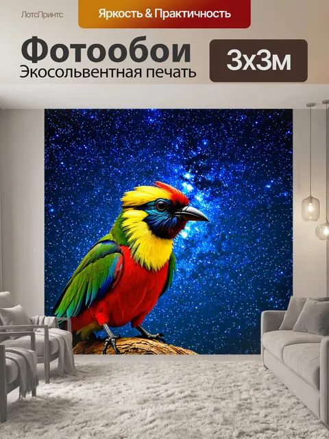 Фотообои птица рая с яркими перьями на фоне звездного неба